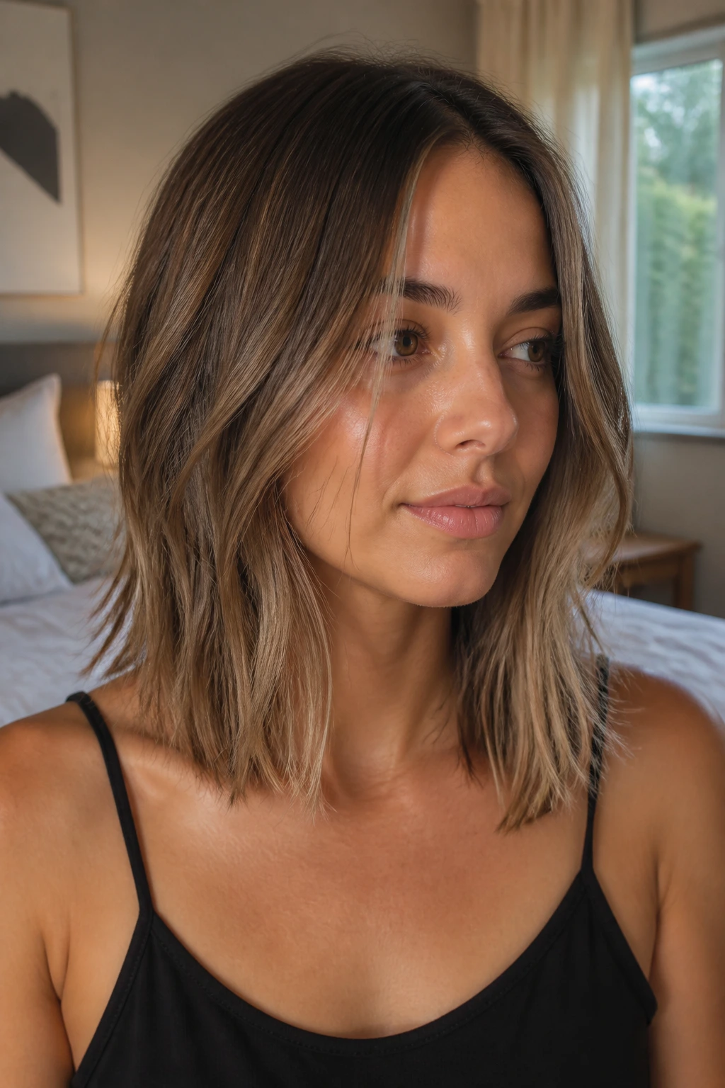 Close-up portrait of a woman with a piecey middle-part lob showing soft front sections.