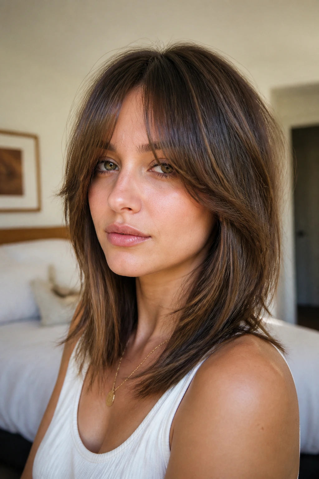 Close-up portrait of a real woman with Piecey Midlength Shag With Split Fringe in warm window light