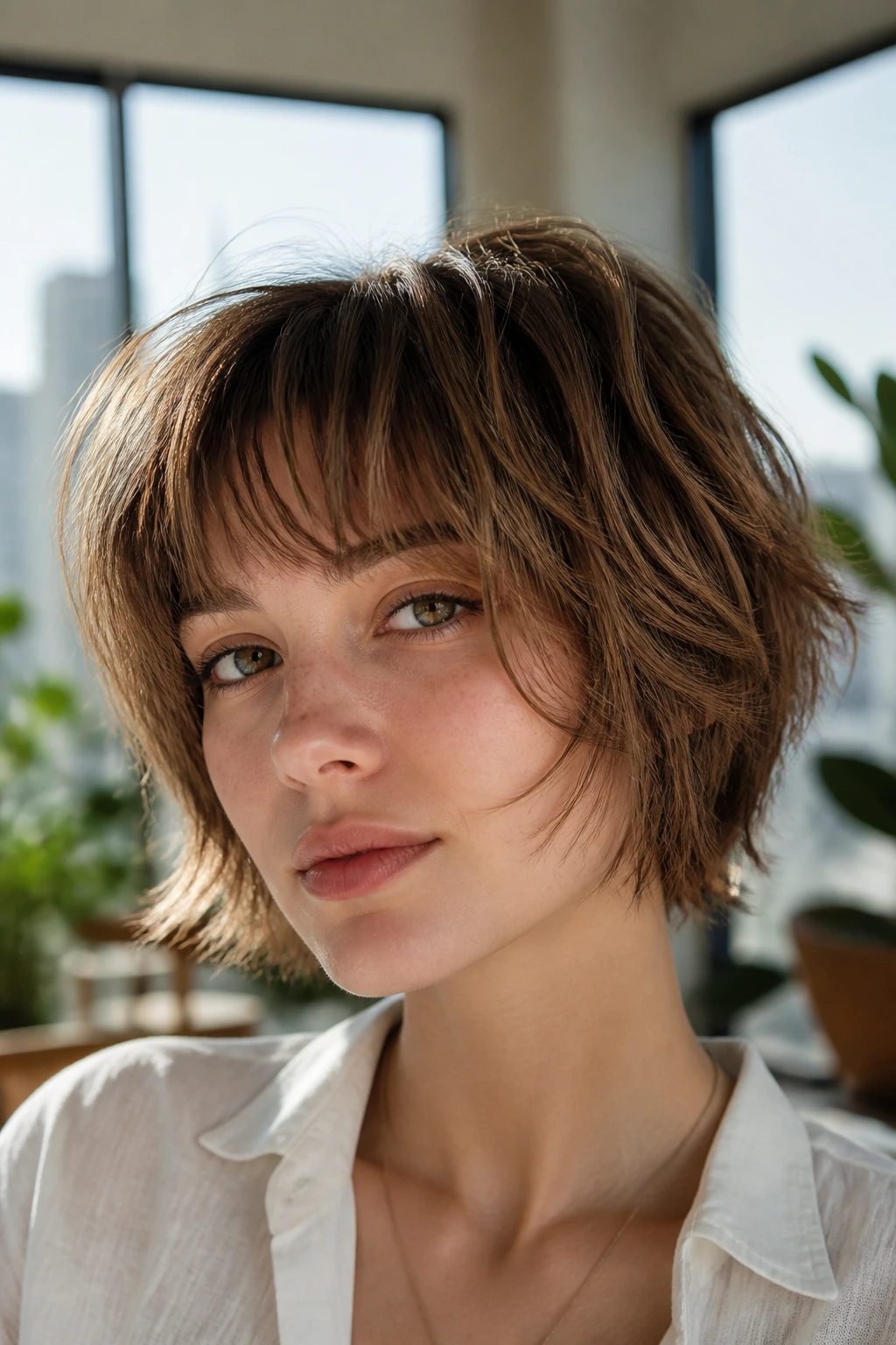 Close-up portrait of a real person with a piecey pageboy shag in a bright apartment
