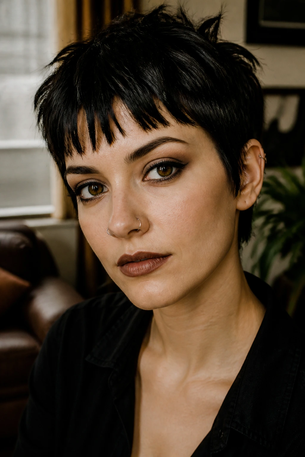 Close-up of piecey pixie bangs in a warm indoor living room