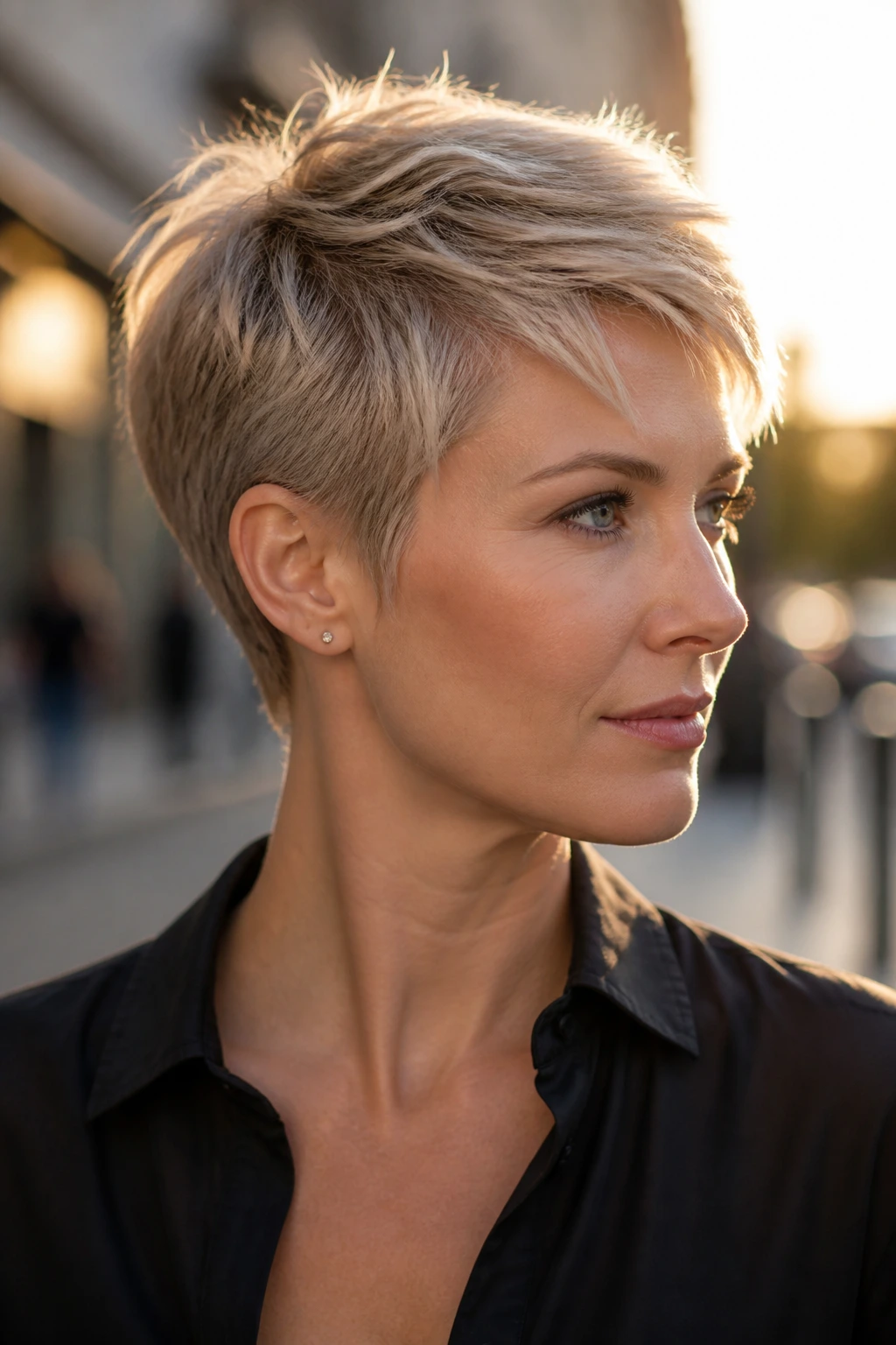 Close-up portrait of a real woman with a piecey pixie and cool ends.