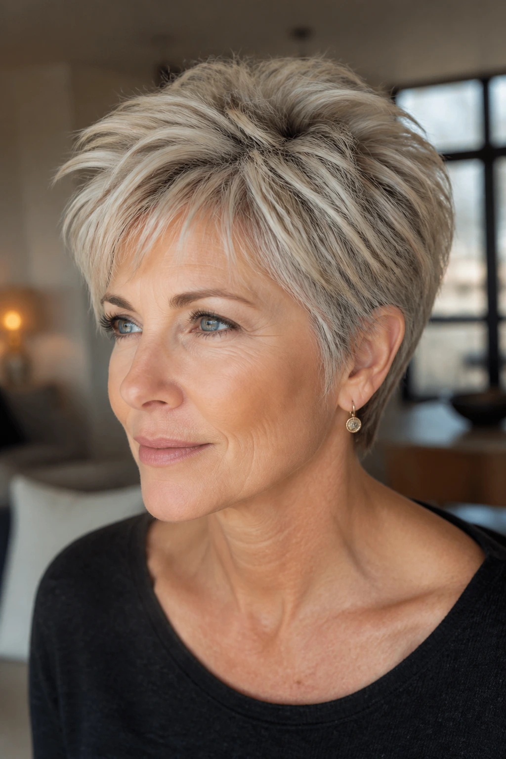 Close-up portrait of a real woman with piecey pixie and long crown