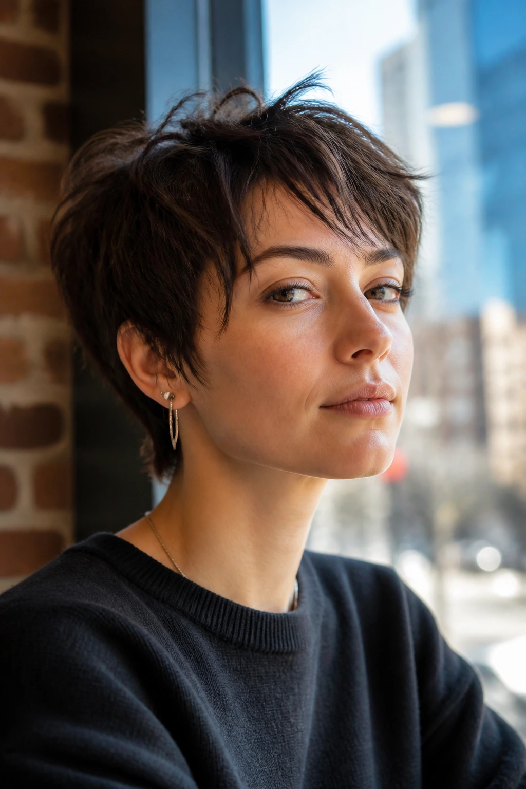Close-up portrait of a real person with Piecey Pixie Shag hairstyle