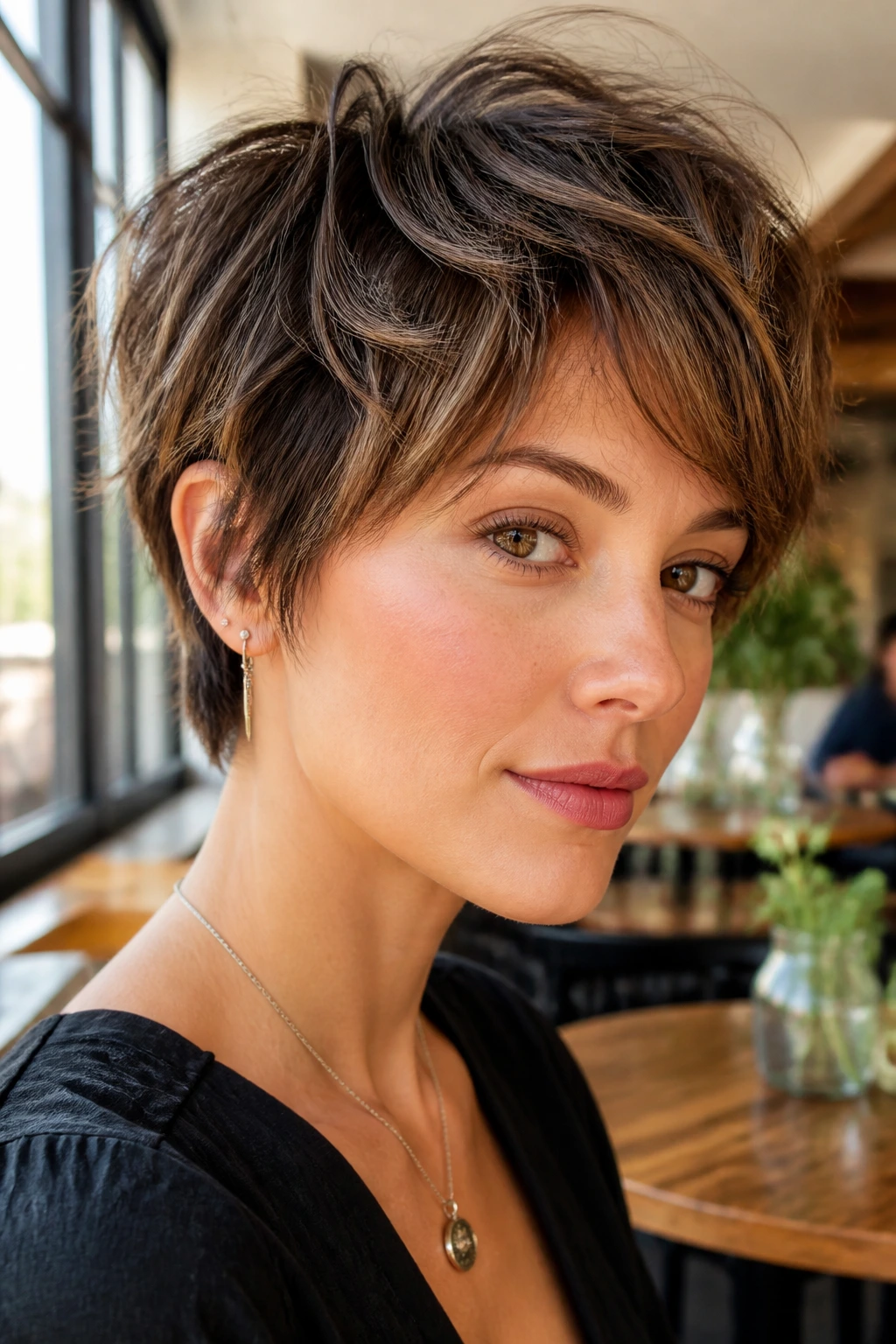 Close-up of a real person with piecey pixie shag and longer top layers