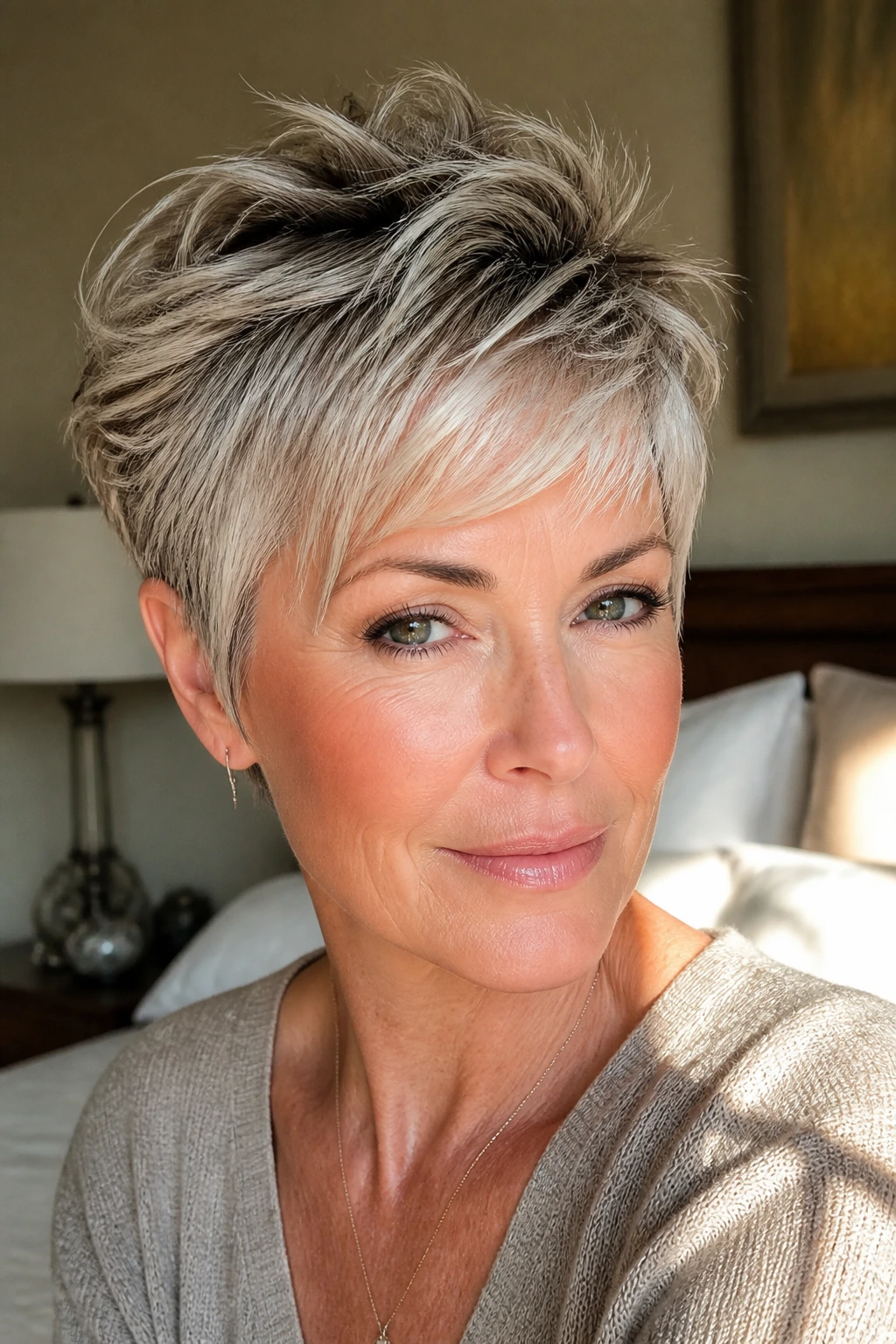 Real woman with piecey pixie shag showing textured crown and longer top in soft morning light.