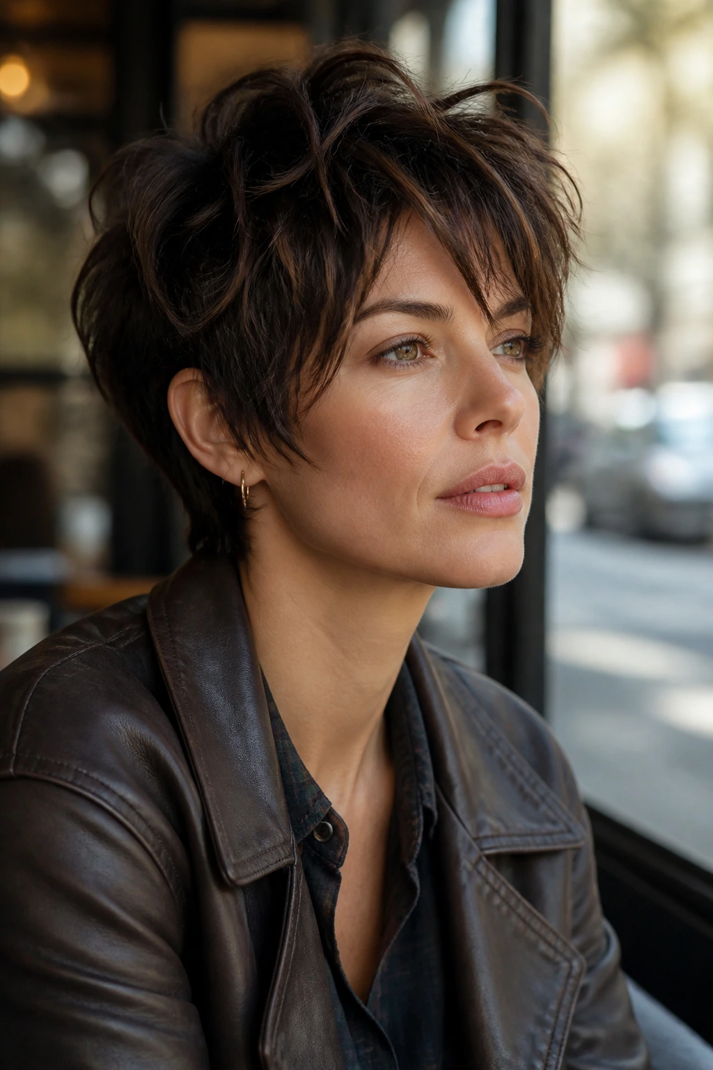 Close-up portrait of a real woman with short textured pixie-shag and lifted top