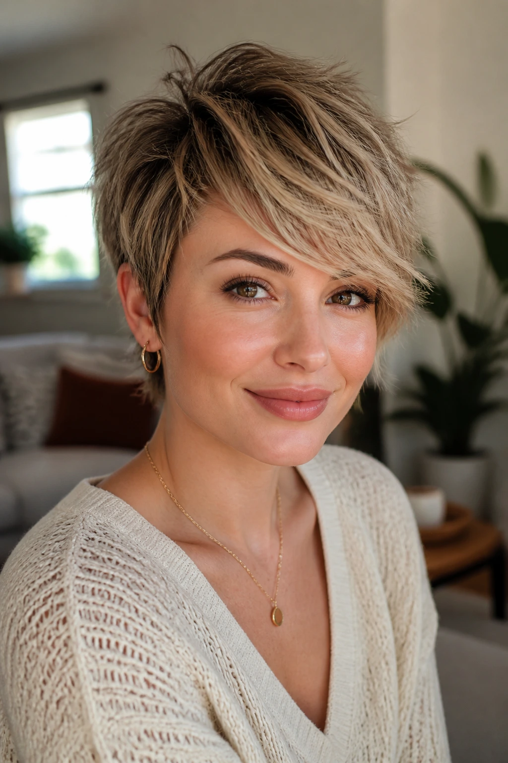 Close-up portrait of a real woman wearing Piecey Pixie Shag with Side-Swept Bangs, with airy texture.