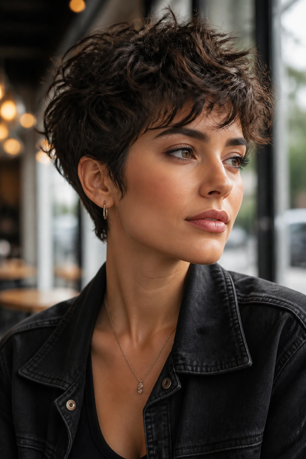 Close-up of a real person showing a Piecey Pixie Shag hairstyle