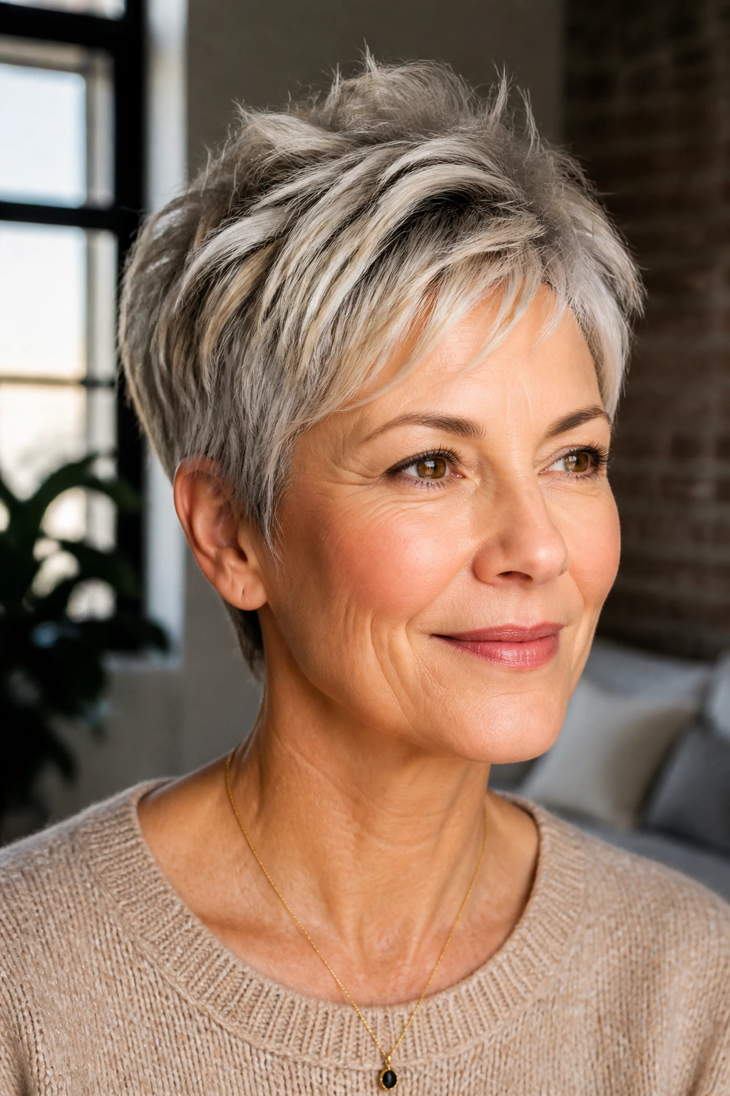 Close-up of real woman with piecey pixie and soft crown in a loft setting