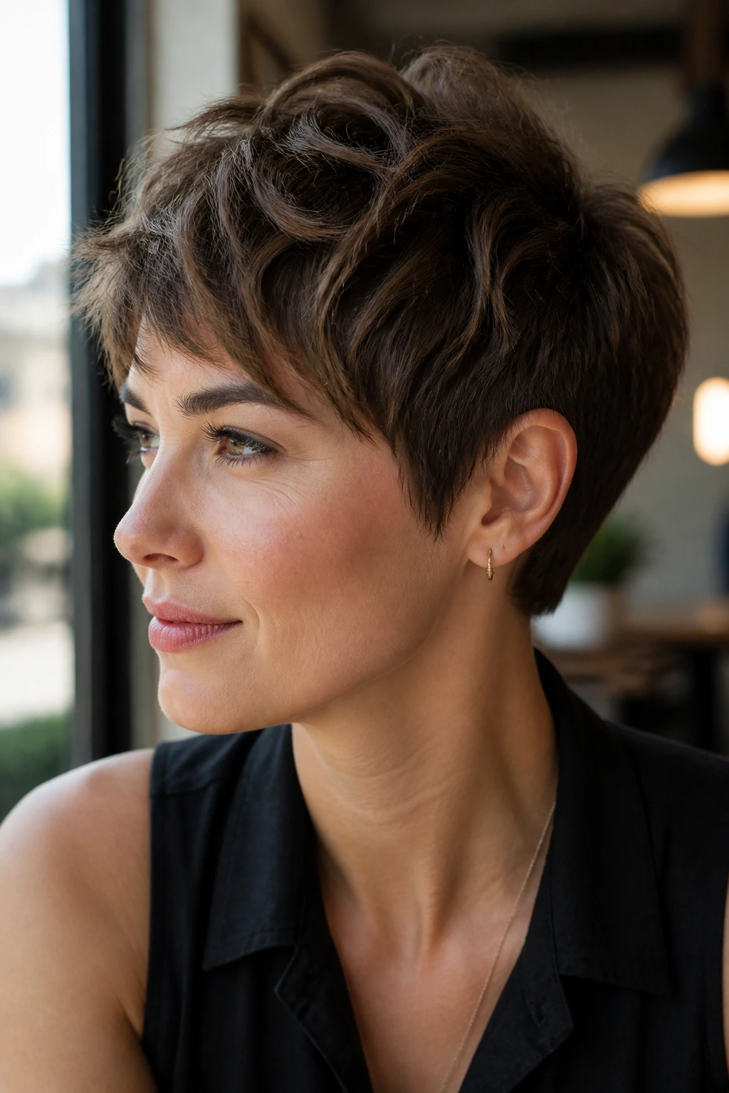 Close-up portrait of a real woman with a textured piecey pixie hairstyle