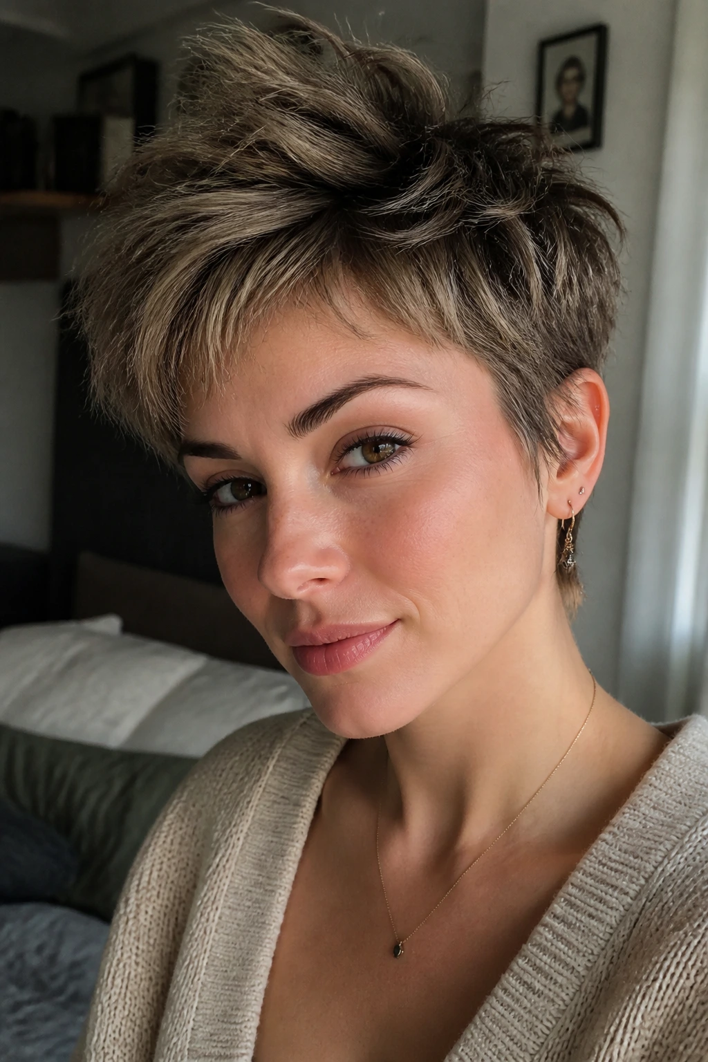 Close-up portrait of a real person with a piecey pixie-wolf haircut showing lift at the crown in a softly lit bedroom.