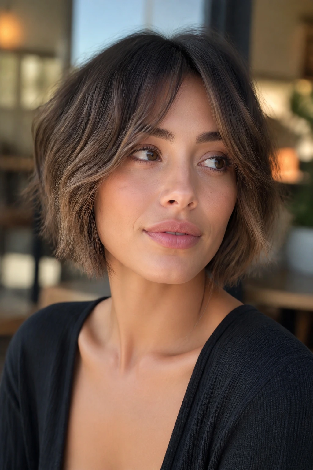 Close-up portrait of a real woman with a piecey razor bob and curtain bangs in natural daylight