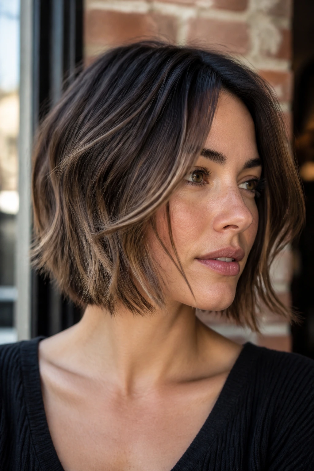 Close-up portrait of a real person with piecey razor bob and mushroom brown balayage