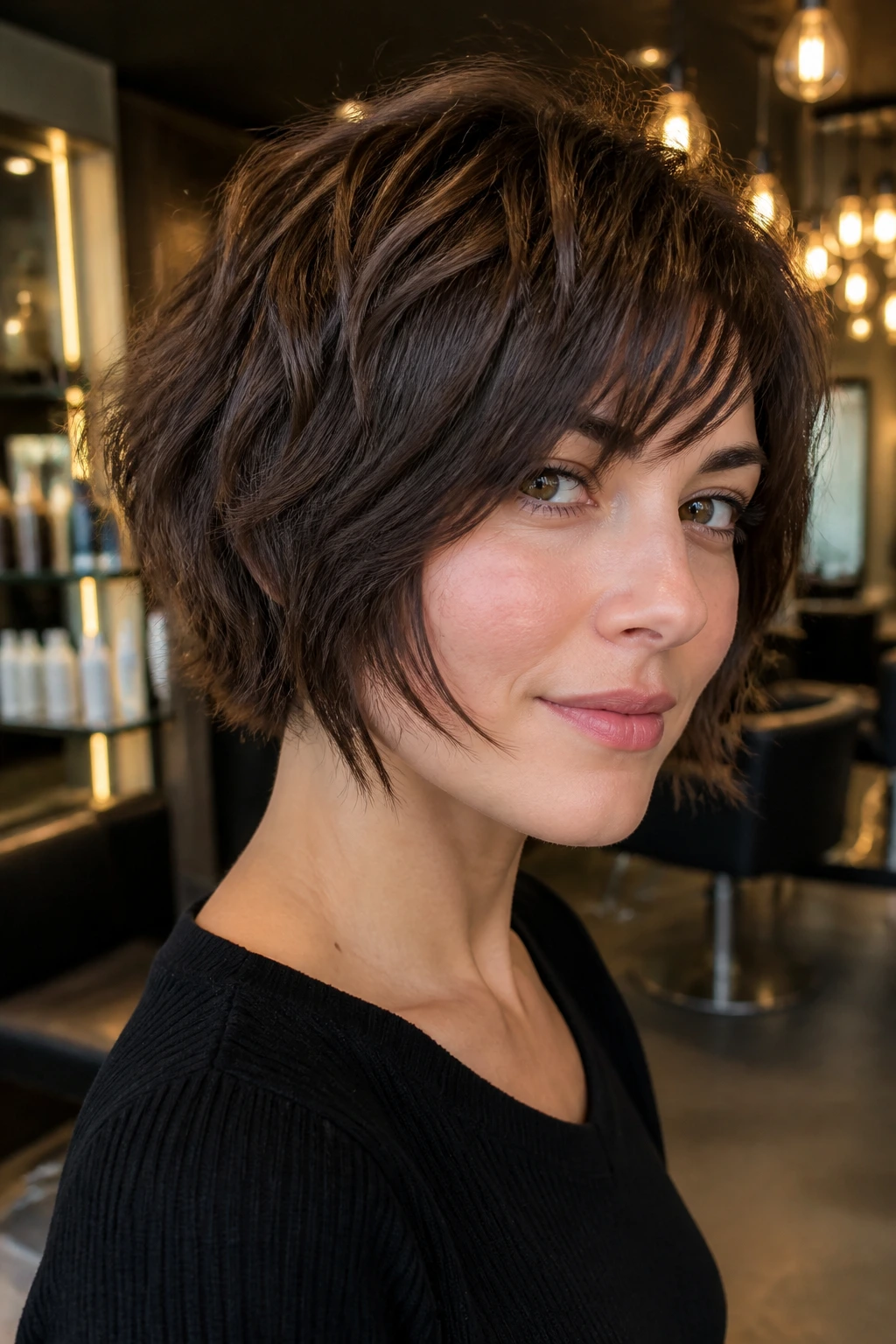 Close-up of a real woman with a piecey razor bob and textured ends