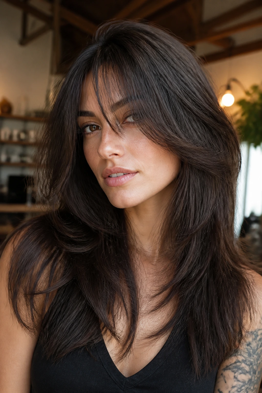 Portrait of person with piecey razor butterfly shag on straight thick hair
