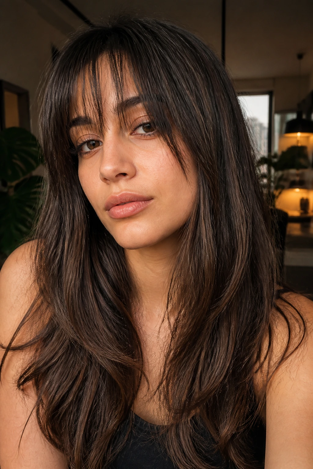 Real person with piecey razor-cut fringe showing textured edges in warm ambient light