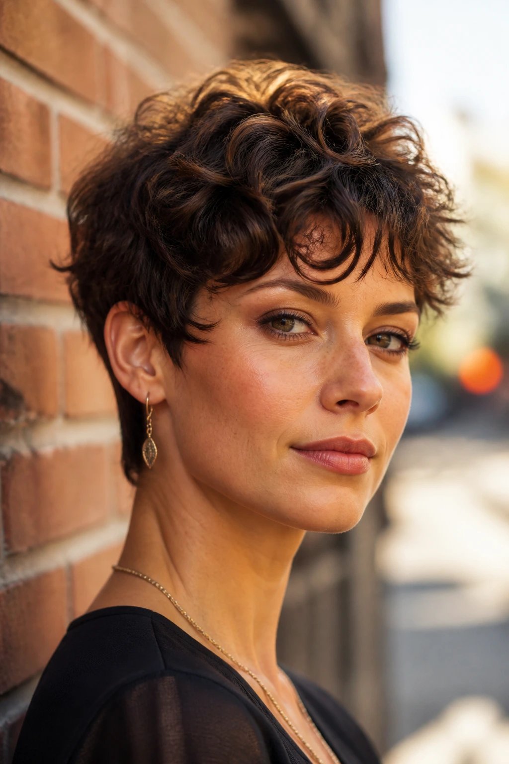 Portrait of Piecey Razor-Cut Pixie hairstyle on a real woman