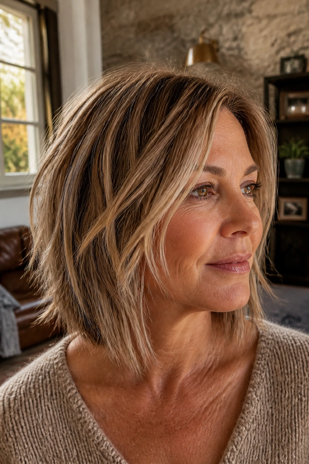 Close-up portrait of a real woman with a piecey razor lob showing carved ends and airy texture in warm window light