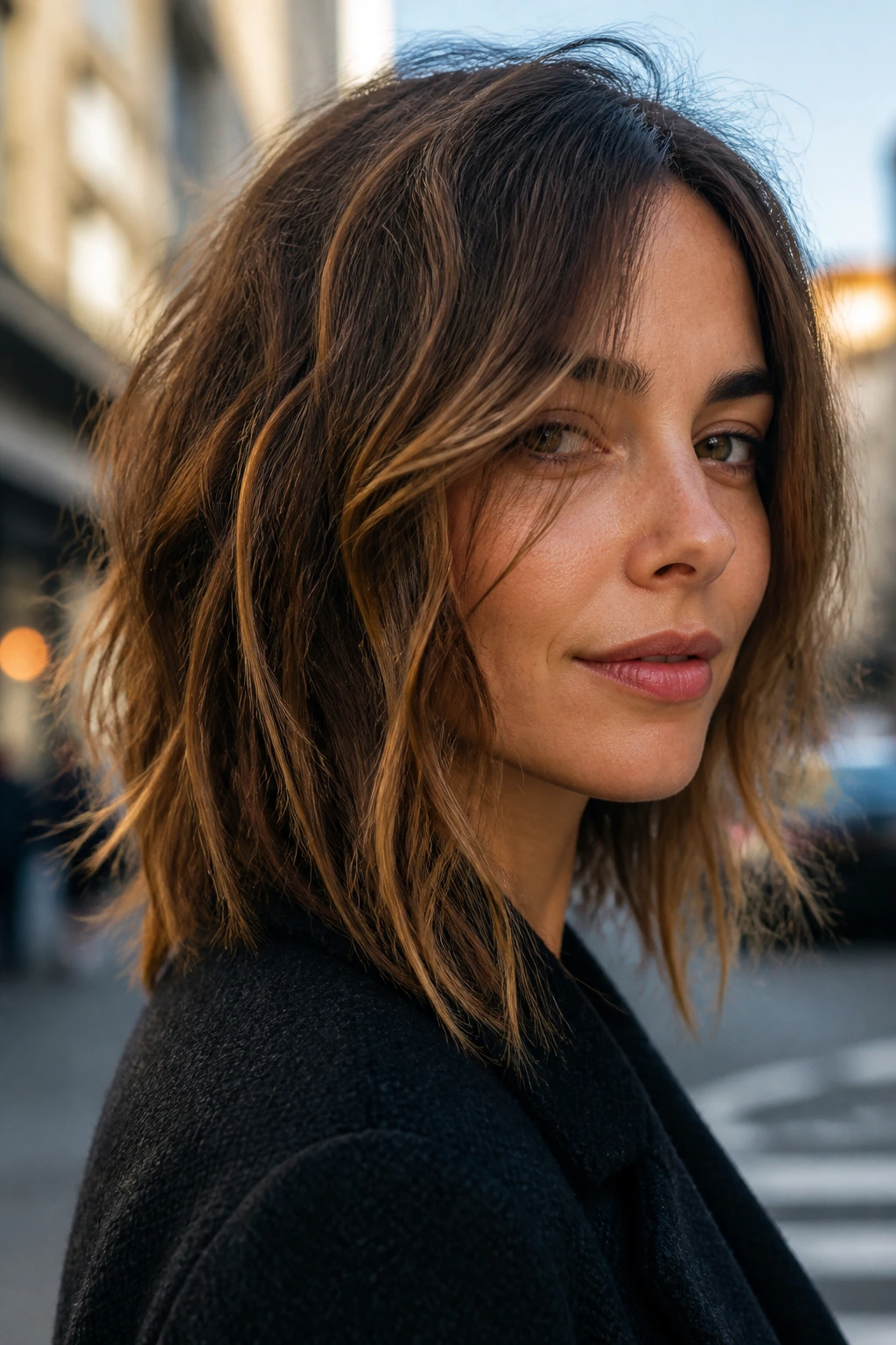 Portrait of a woman with a piecey razor lob and textured ends