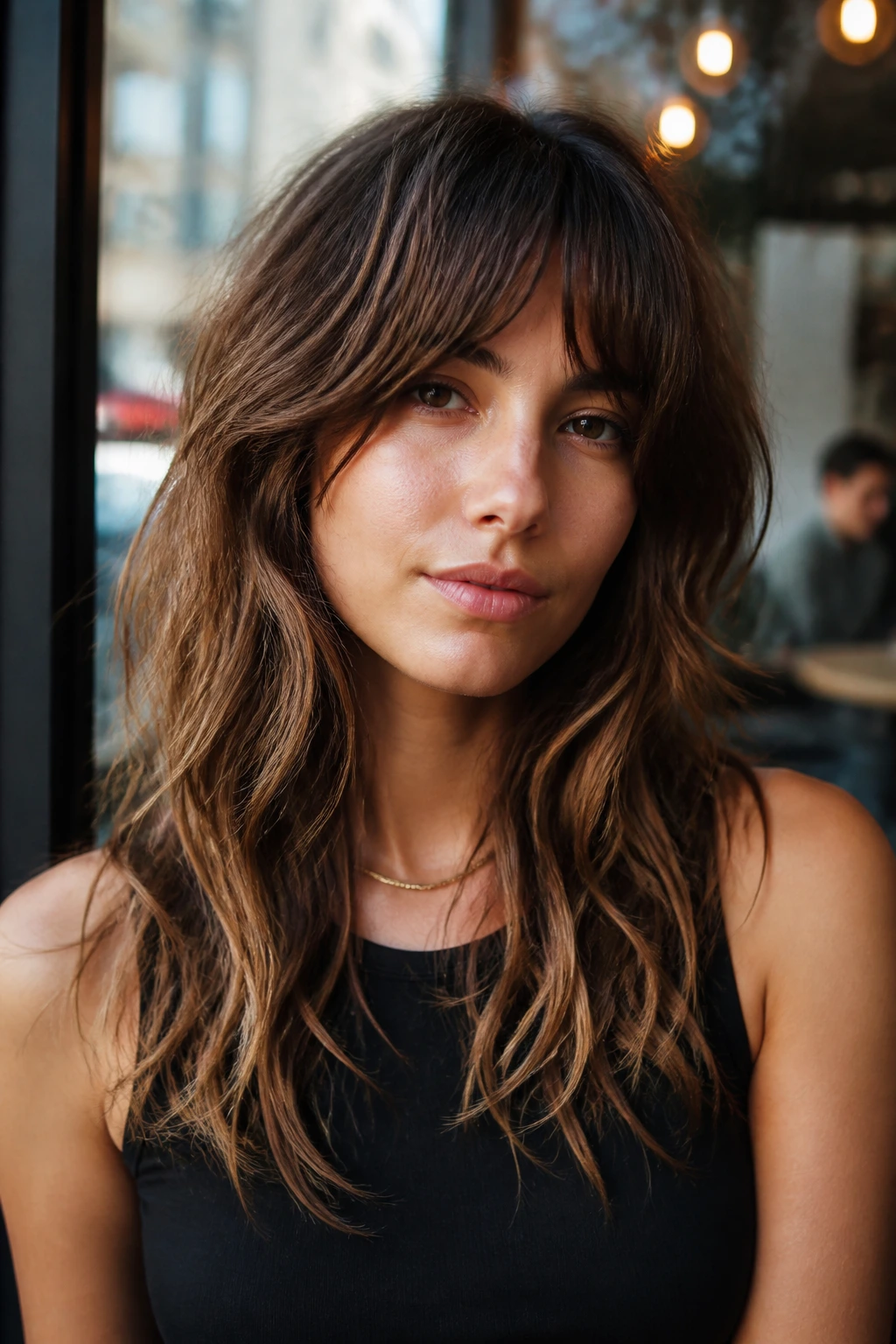 Close-up portrait of a real woman with Piecey Razor Shag hairstyle
