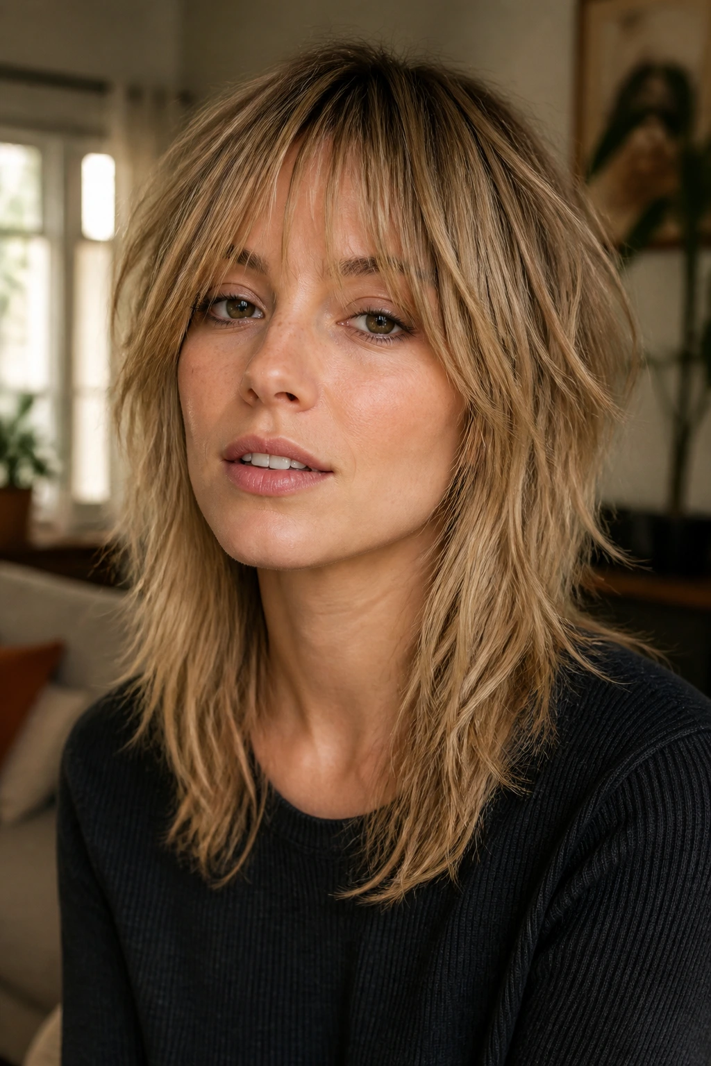 Close-up portrait of a real person with wispy bangs and piecey shag texture