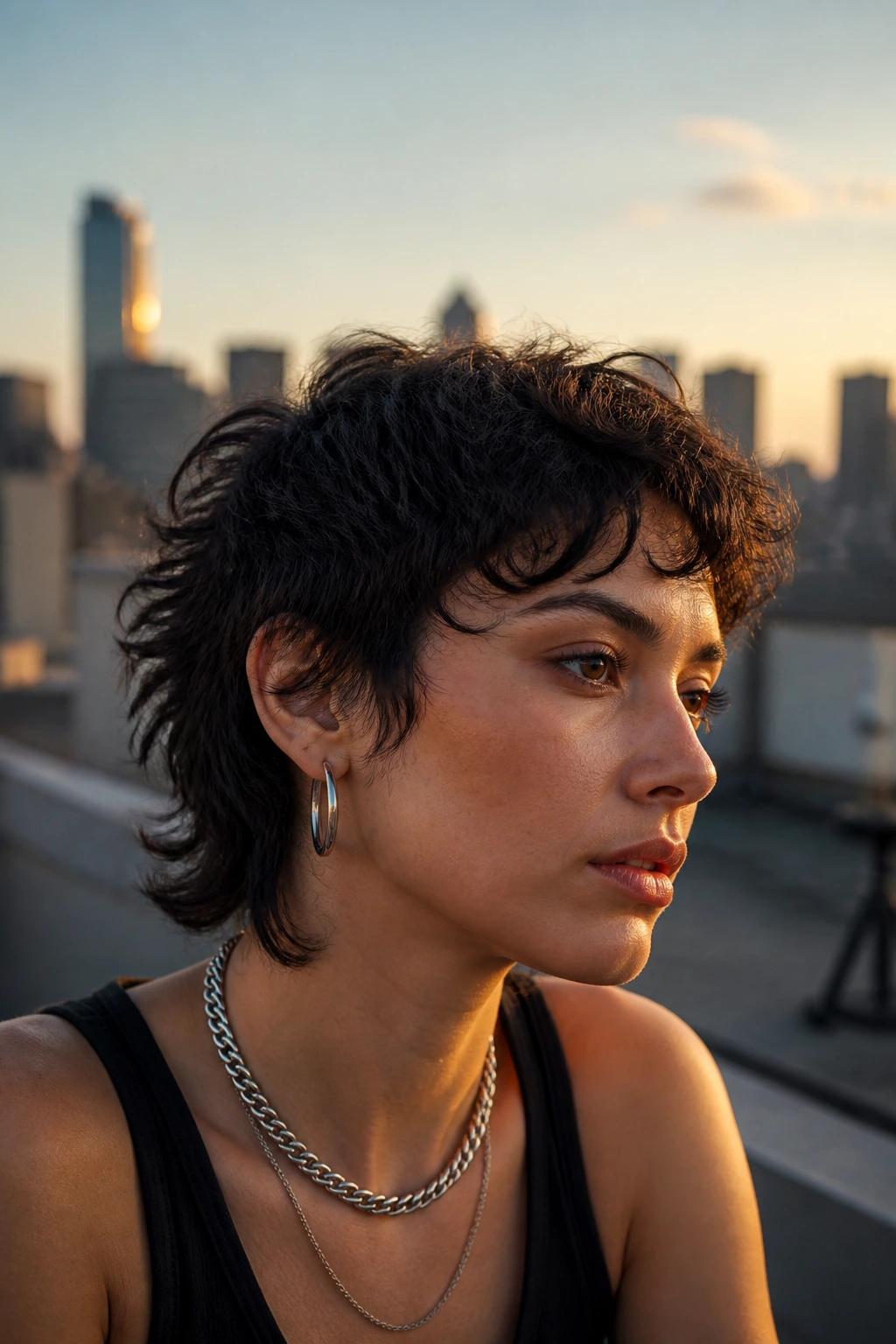 Portrait of a person with a piecey razor wolf shag hairstyle on a rooftop at golden hour
