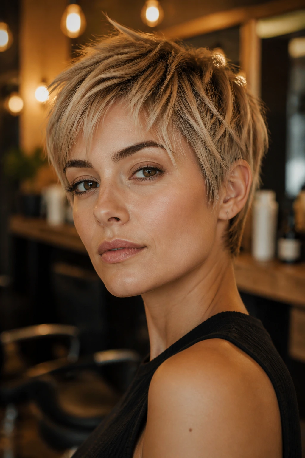 Real person with piecey razored pixie showing defined piecey hair texture