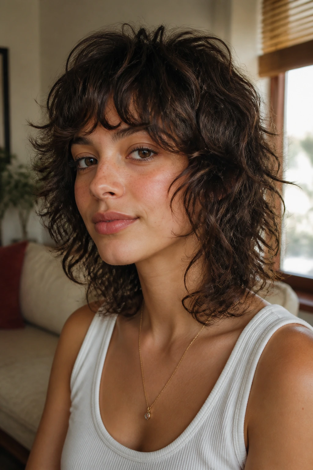 Close-up of a real person with a piecey razored shag and textured curls in warm window light.