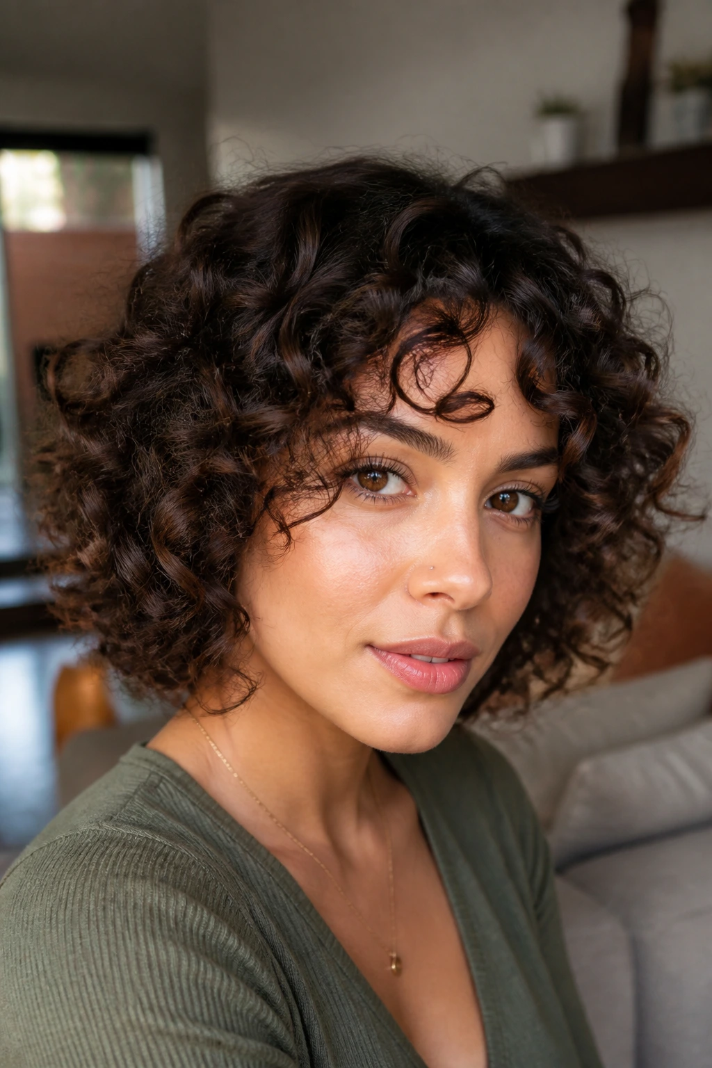Close-up of a real woman's piecey ringlet bob with defined curl clusters under warm window light
