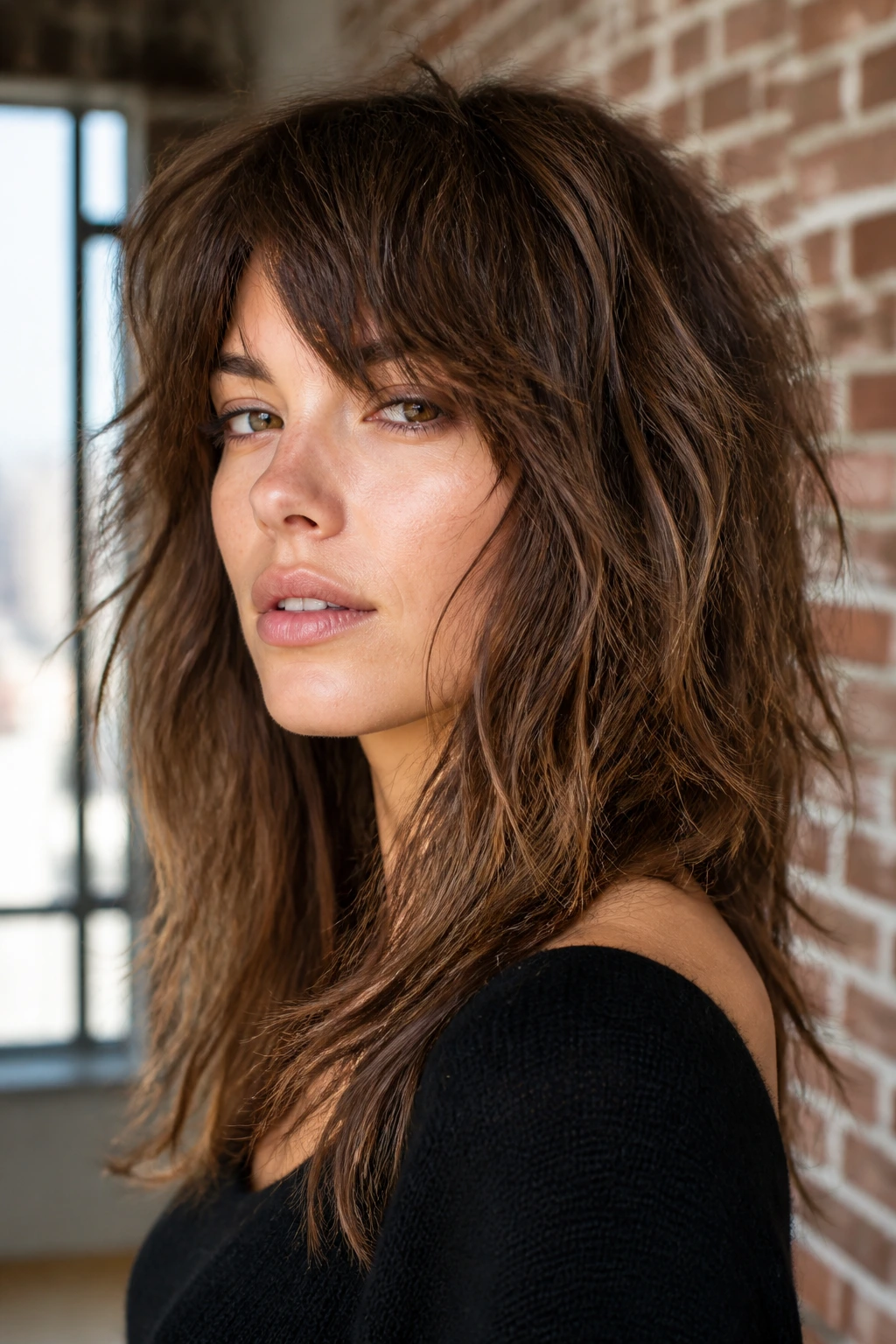 Portrait of a woman with piecey rocker shag and textured ends in an urban setting.