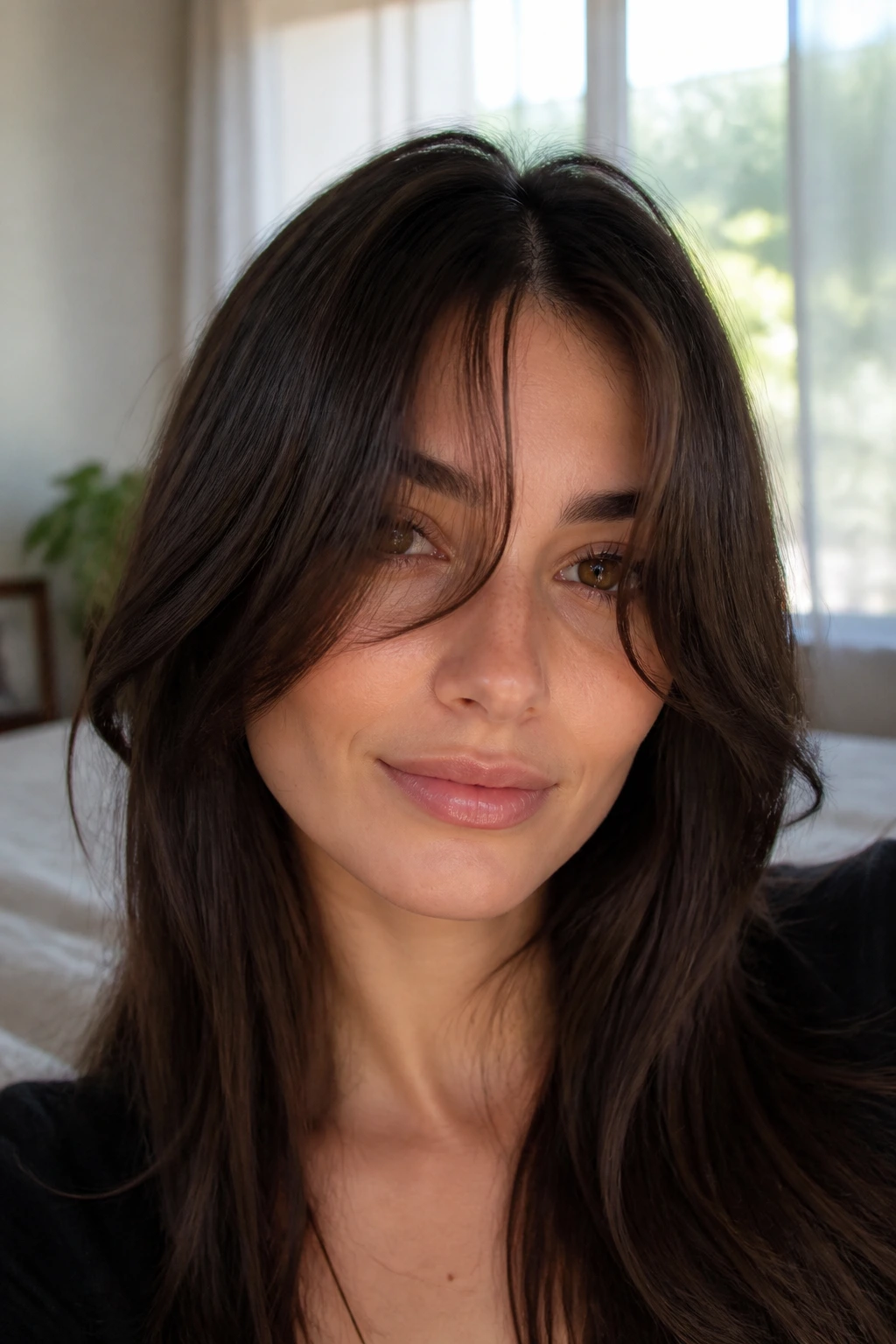 Close-up portrait of a woman with piecey S-curve fringe on straight hair in natural window light