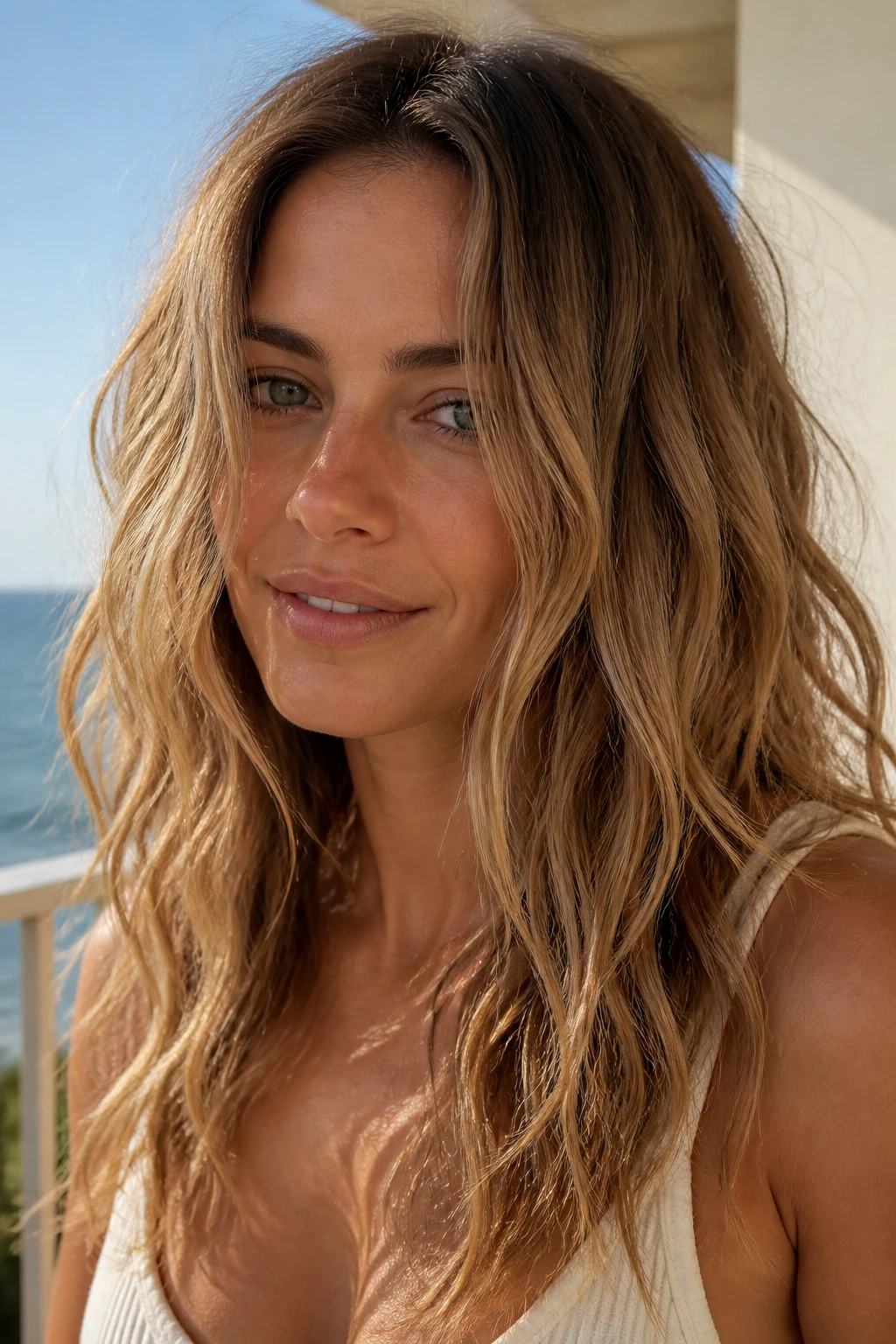Close-up of real woman with piecey salt-spray waves on a sunny balcony