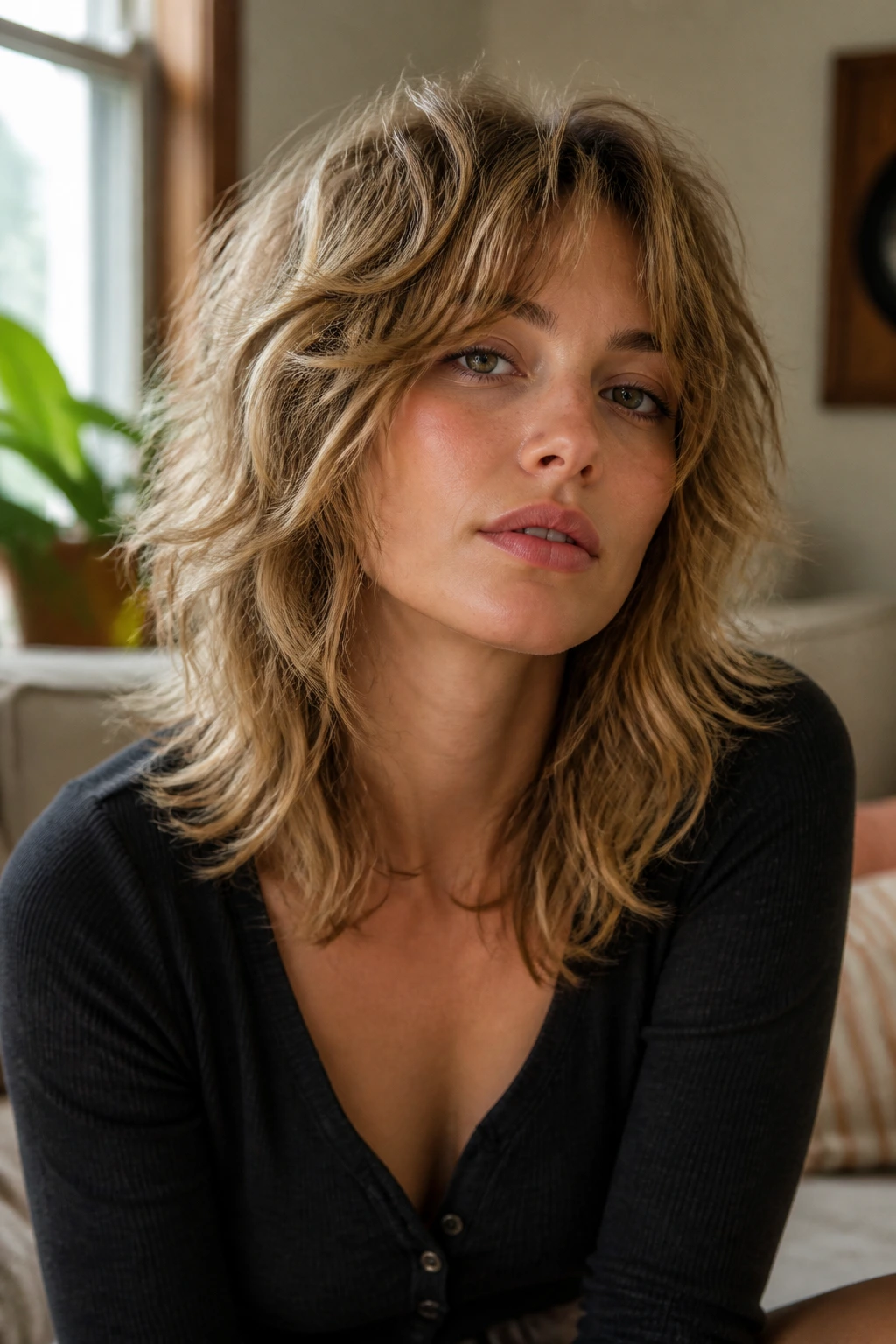 Close-up of a real woman with piecey 70s shag featuring feathered ends and cheekbone-framing front pieces