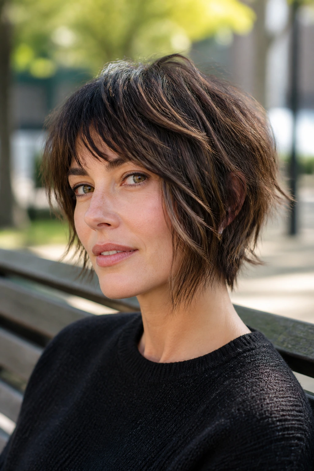 Real woman with a piecey shag bob on a sunlit park bench.