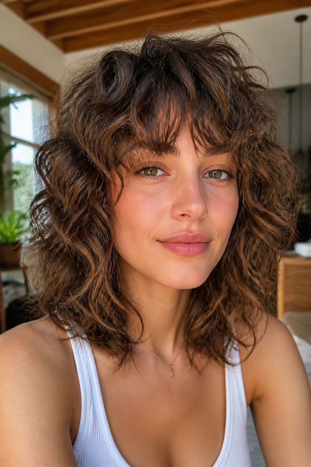 Close-up portrait of a real woman with messy weekend piecey shag on shoulder-length curls, natural window light