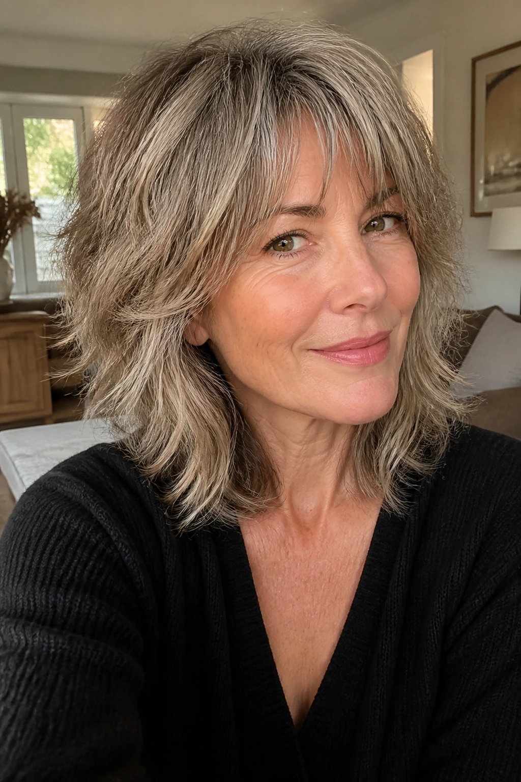 Real woman with piecey shag texture on dense hair, warm living room light