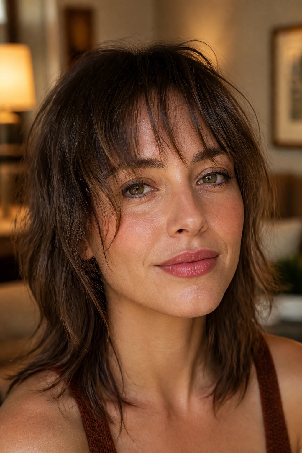 Portrait of a woman with piecey shag fringe