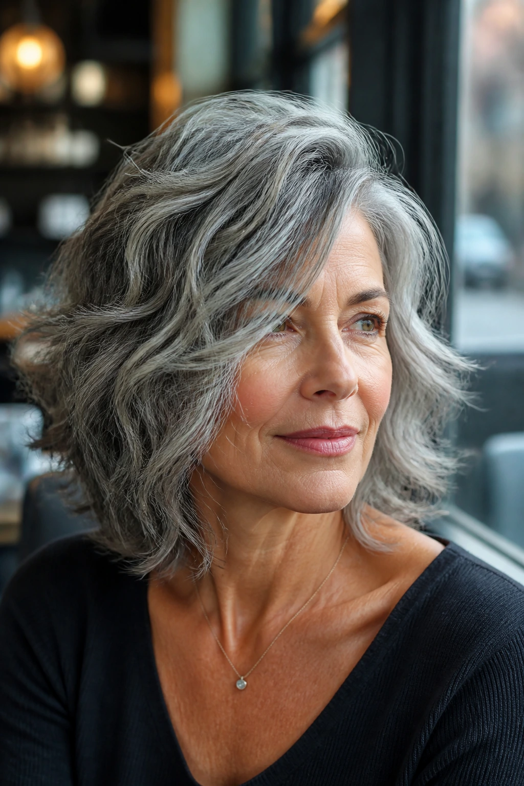 Close-up portrait of a real woman with Piecey Midi Shag with Deep Side Part on gray hair.