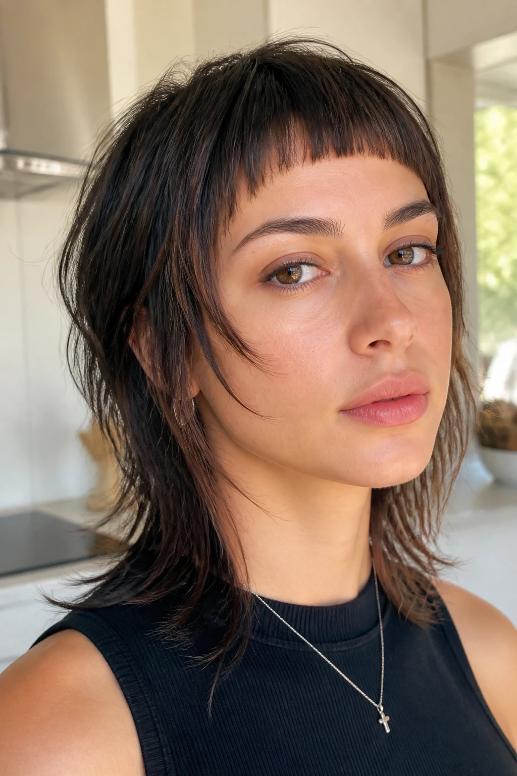 Close-up of real woman with micro bangs and piecey shag hairstyle