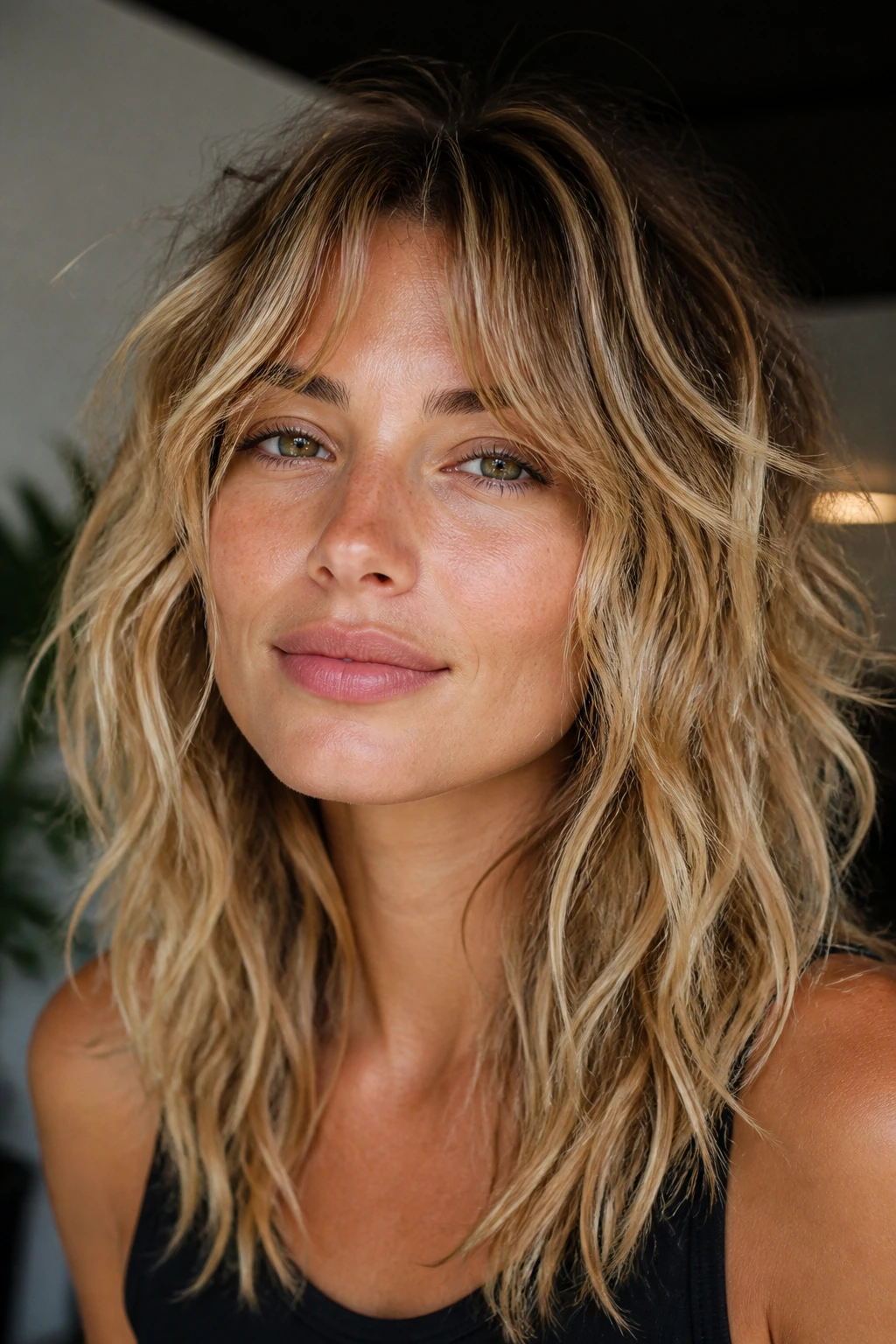 Close-up of a real person with piecey shag waves in natural light