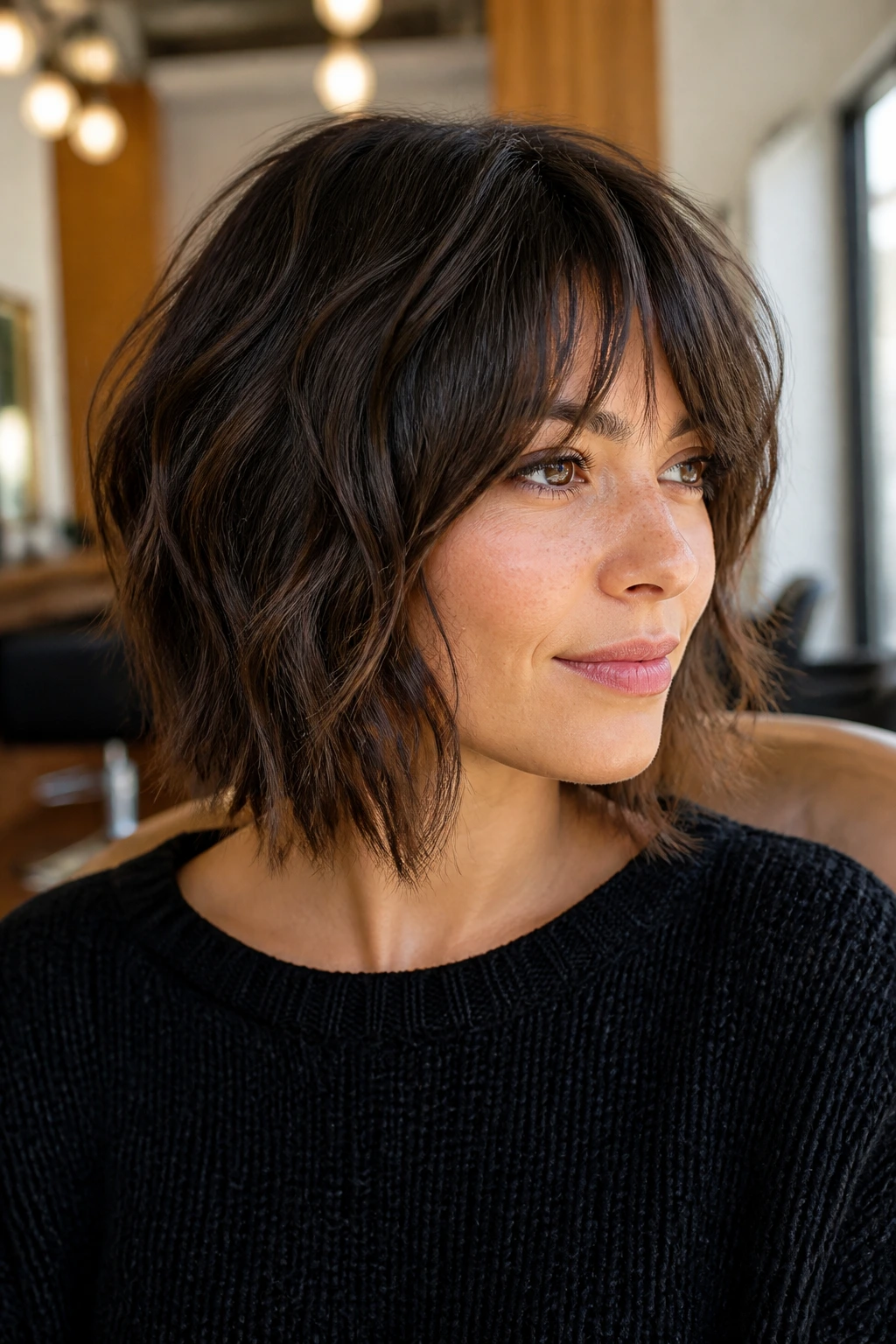 Close-up portrait of a brunette woman with a piecey A-Line shaggy bob in a softly lit salon.