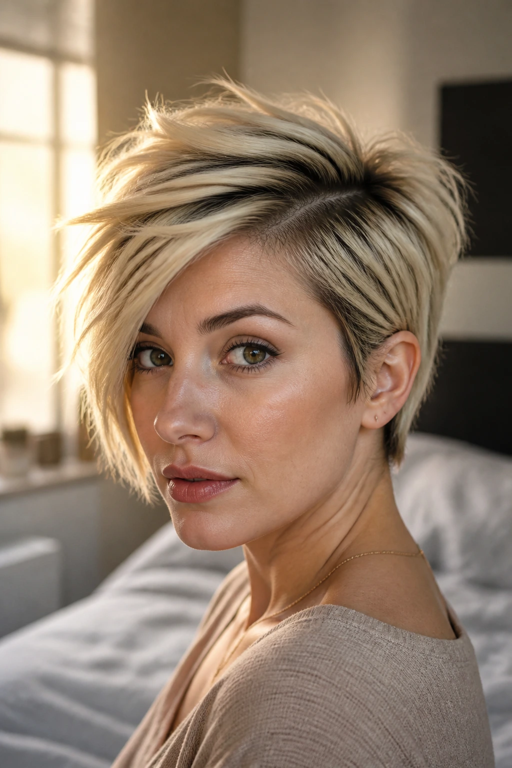 Close-up of a woman with a deep side part and piecey short haircut under warm window light