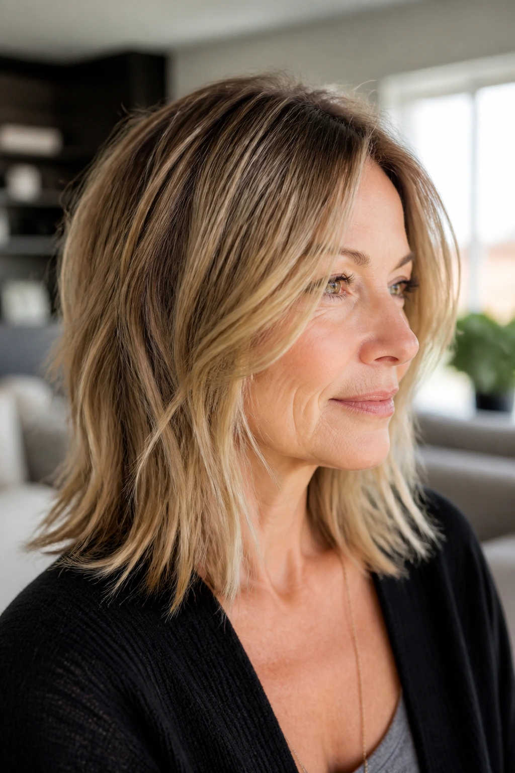 Portrait of a real woman with shoulder-length piecey hairstyle and internal layers in natural light