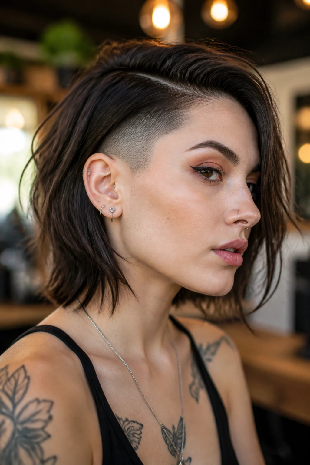 Close-up portrait of a real person with piecey shoulder-length crop and temple fade