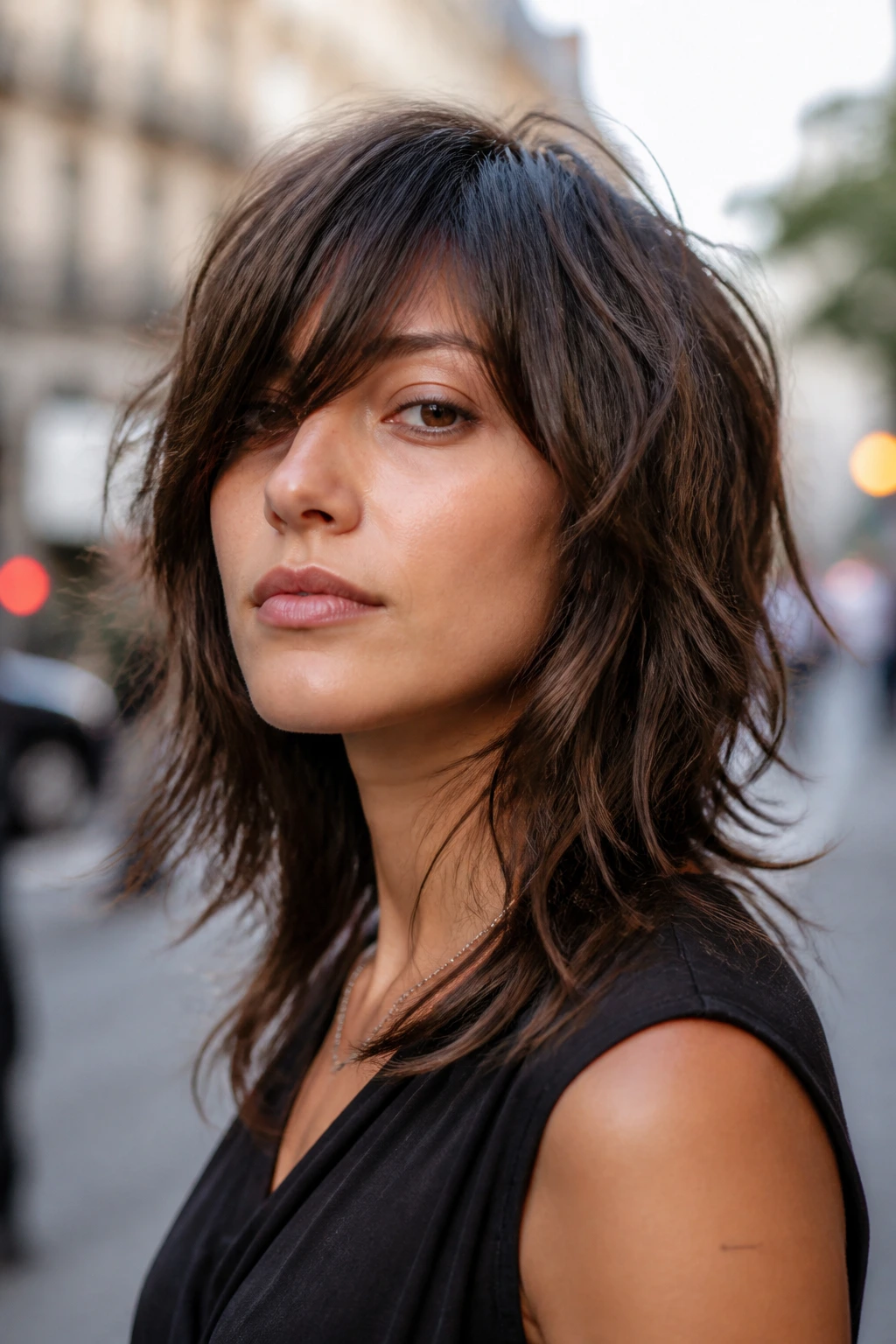 Woman with piecey side bangs and textured shag