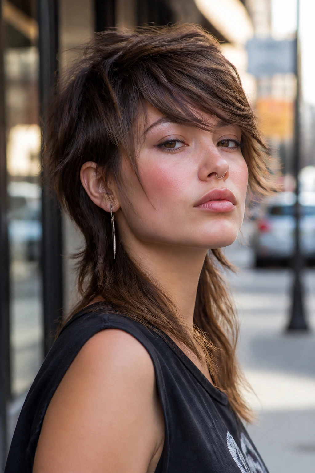 Portrait of a real woman with Piecey Side-Sweep Mullet showing diagonal side-sweep and longer back.