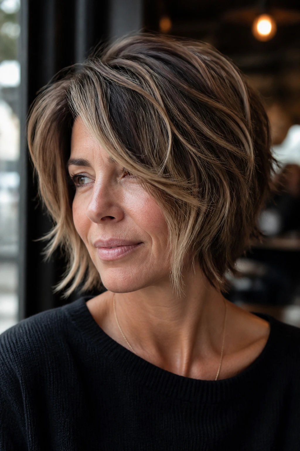 Close-up of real woman with piecey side-swept shag