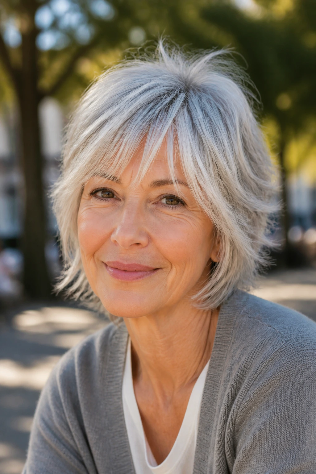 Close-up portrait of a real woman with silver piecey shag hairstyle
