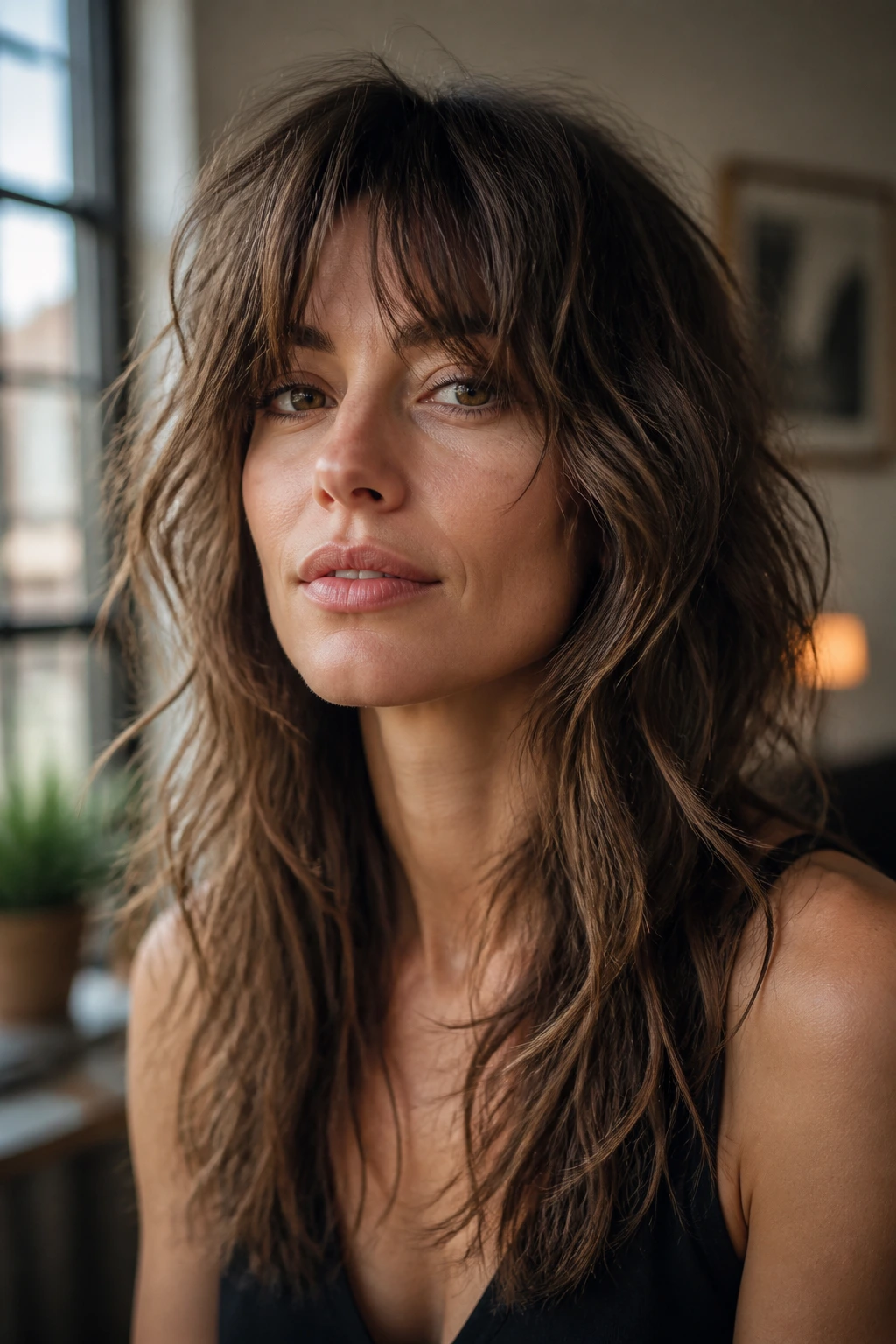Close-up portrait of a real woman with Piecey Split-End Shag featuring textured separated ends in wavy hair
