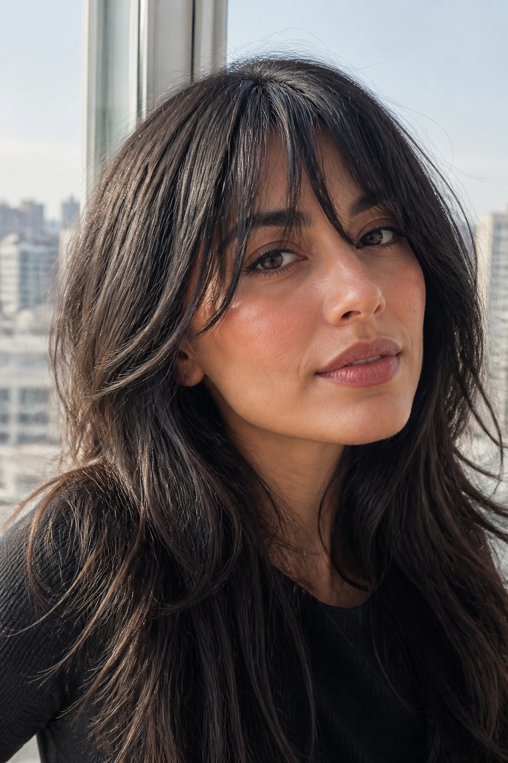 Close-up of a real woman with piecey split fringe showing distinct segments